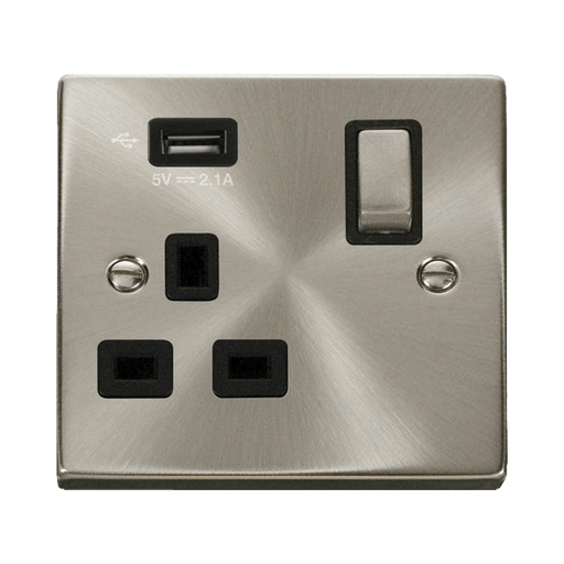 Front view of Click Deco Satin Chrome 13A Single USB Socket
