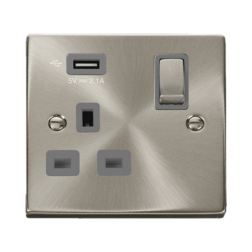 Front view of Click Deco Satin Chrome 13A Single USB Socket