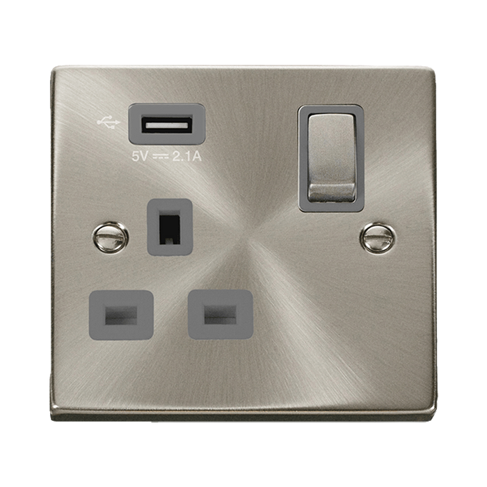 Front view of Click Deco Satin Chrome 13A Single USB Socket