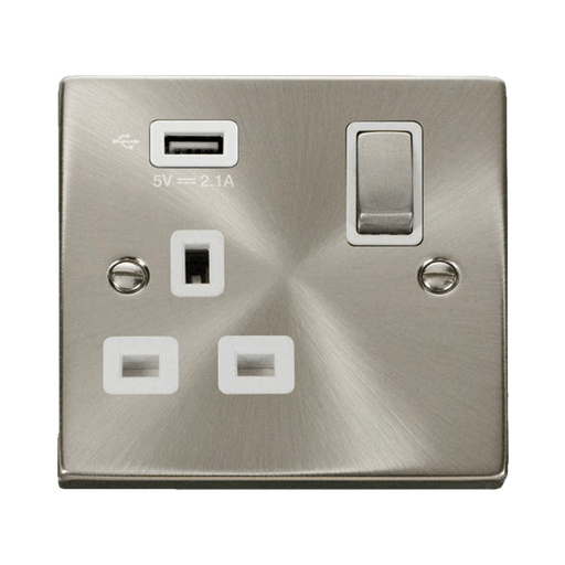 Front view of Click Deco Satin Chrome 13A Single USB Socket