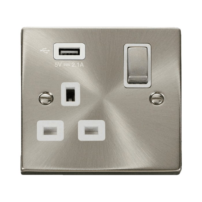 Front view of Click Deco Satin Chrome 13A Single USB Socket