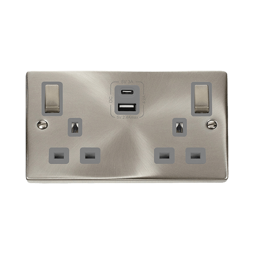 Front view of Click Deco Satin Chrome 13A Double A+C USB Socket