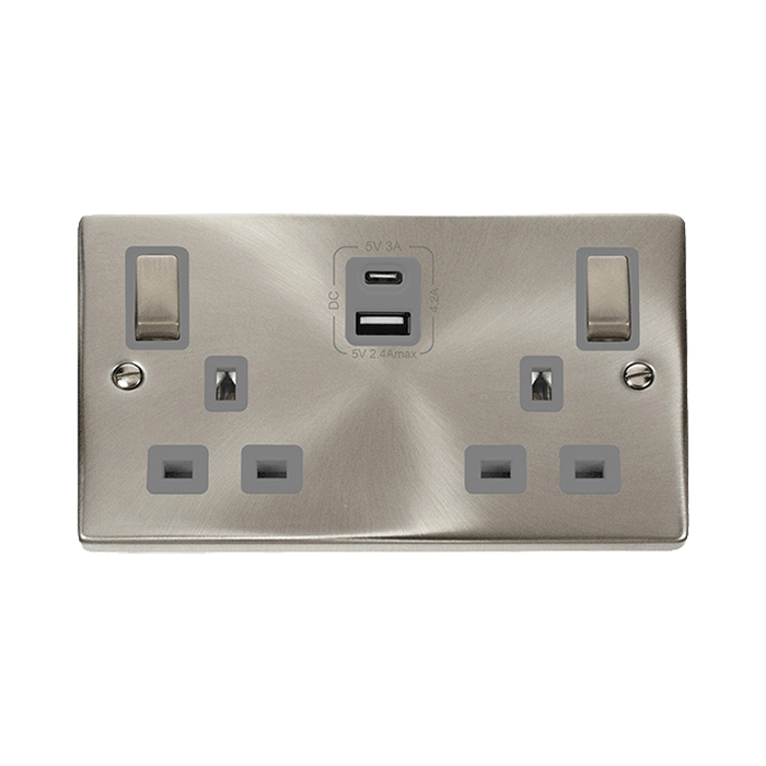 Front view of Click Deco Satin Chrome 13A Double A+C USB Socket