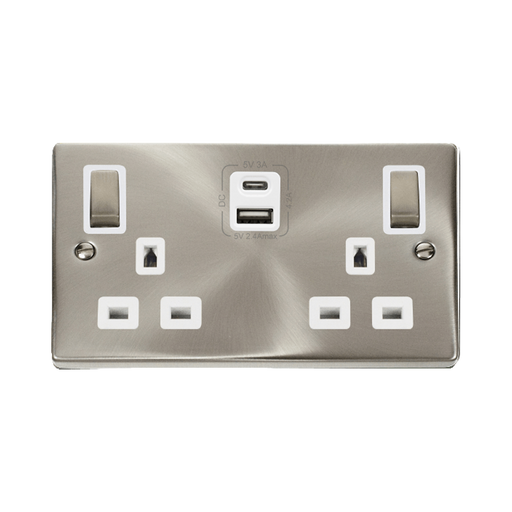 Front view of Click Deco Satin Chrome 13A Double A+C USB Socket