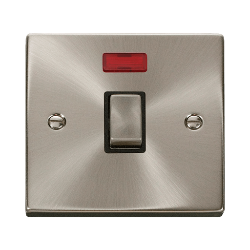 Front view of Click Deco Satin Chrome 20A Double Pole Switch Neon