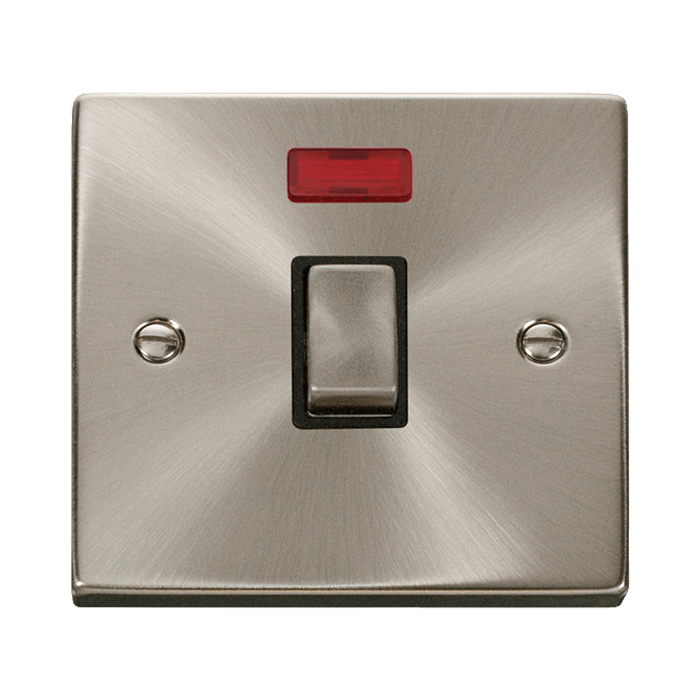 Front view of Click Deco Satin Chrome 20A Double Pole Switch Neon