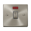 Front view of Click Deco Satin Chrome 20A Double Pole Switch Neon