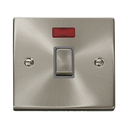 Front view of Click Deco Satin Chrome 20A Double Pole Switch Neon