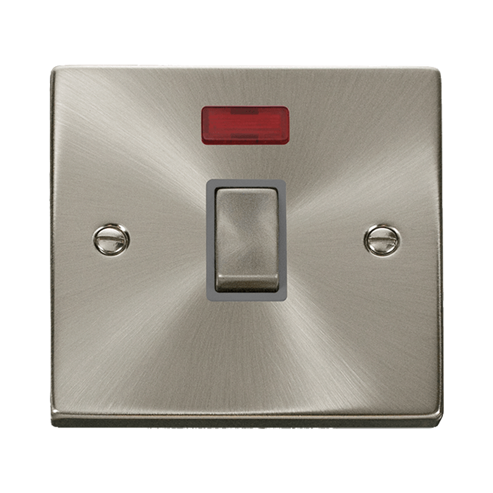 Front view of Click Deco Satin Chrome 20A Double Pole Switch Neon