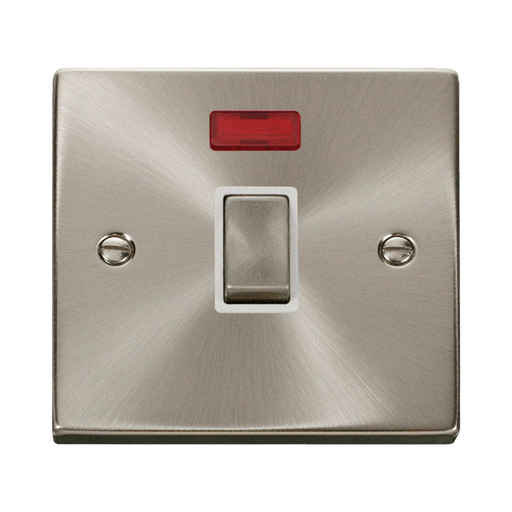 Front view of Click Deco Satin Chrome 20A Double Pole Switch Neon