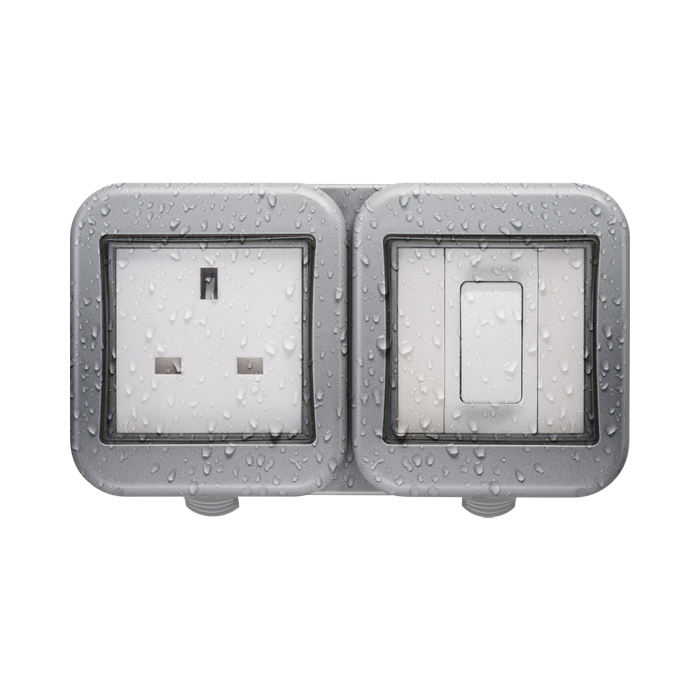 BG Weatherproof Unswitched Socket & 1G Light Switch IP55 WPB21 Available from RS Electrical Supplies