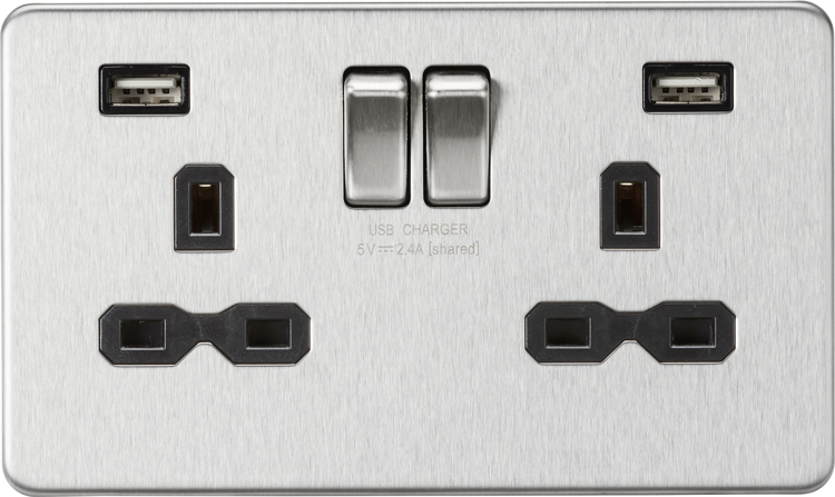Knightsbridge 2G 13A Switched Socket With Dual USB Charger, Brushed Chrome SFR9224BC