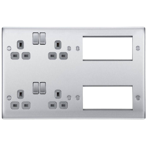 BG Nexus Metal Brushed Steel Double Socket Combination Plate NBS222EM8G Available from RS Electrical Supplies