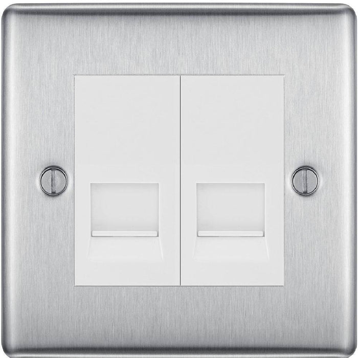 BG Nexus Metal Brushed Steel Double Master Telephone Socket NBSBTM2W Available from RS Electrical Supplies