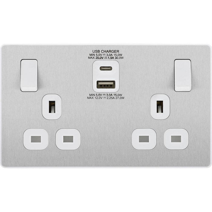 BG Evolve Brushed Steel 13A Double USB Socket with A+C Ports PCDBS22UAC30W Available from RS Electrical Supplies