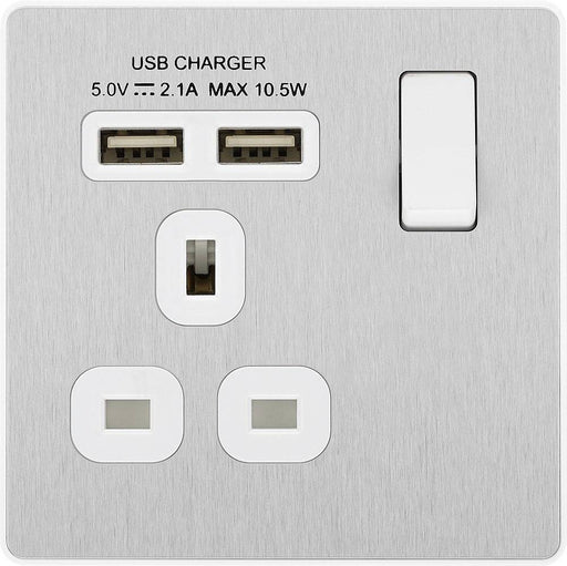 BG Evolve Brushed Steel 13A Single USB Socket PCDBS21U2W Available from RS Electrical Supplies