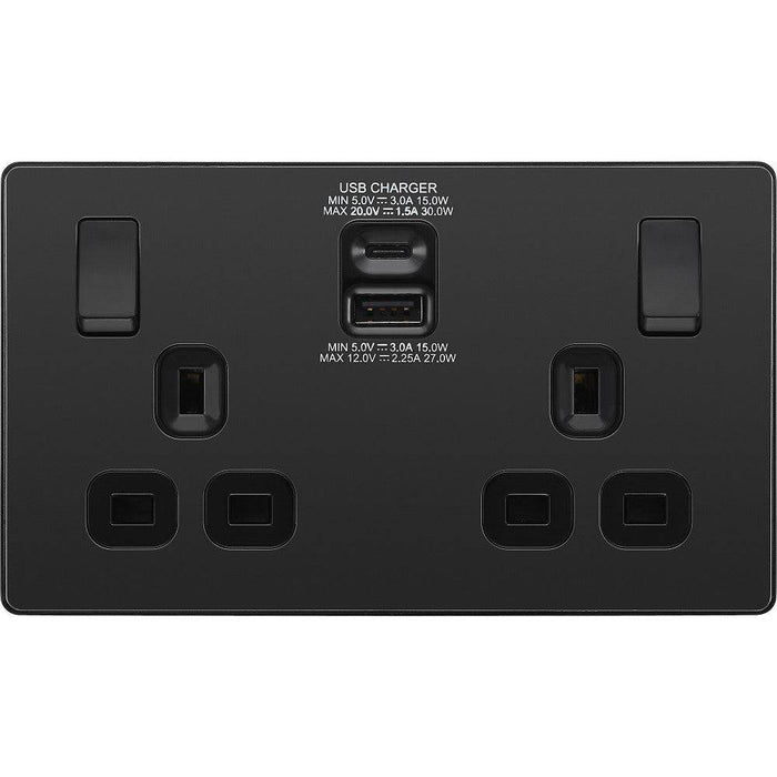 BG Evolve Matt Black 13A Double USB Socket with A+C Ports PCDMB22UAC30B Available from RS Electrical Supplies