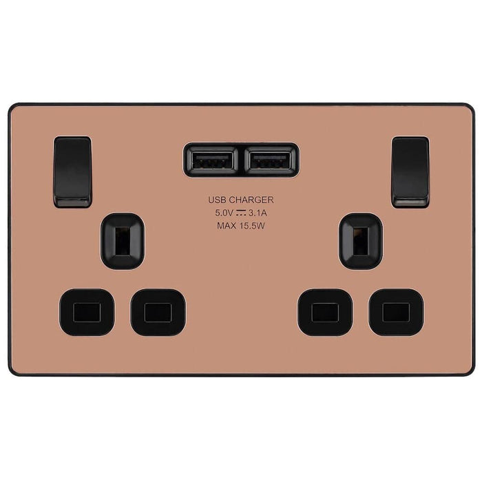 BG Evolve Polished Copper 13A Double USB Socket PCDCP22U3B Available from RS Electrical Supplies