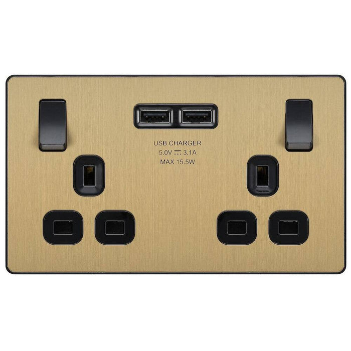 BG Evolve Satin Brass 13A Double USB Socket PCDSB22U3B Available from RS Electrical Supplies