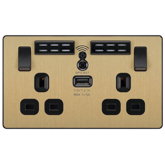 BG Evolve Satin Brass WiFi Extender with 13A double USB Socket PCDSB22UWRB Available from RS Electrical Supplies