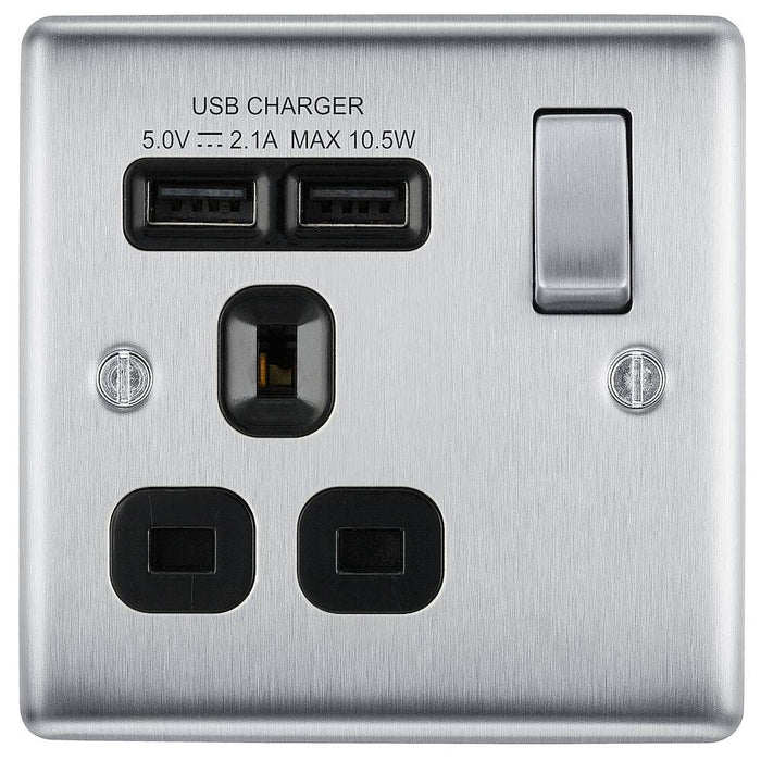 BG Nexus Metal Brushed Steel 13A Single USB Socket NBS21U2B Available from RS Electrical Supplies