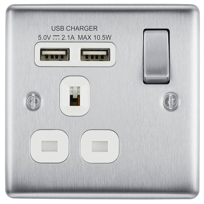 BG Nexus Metal Brushed Steel 13A Single USB Socket NBS21U2W Available from RS Electrical Supplies