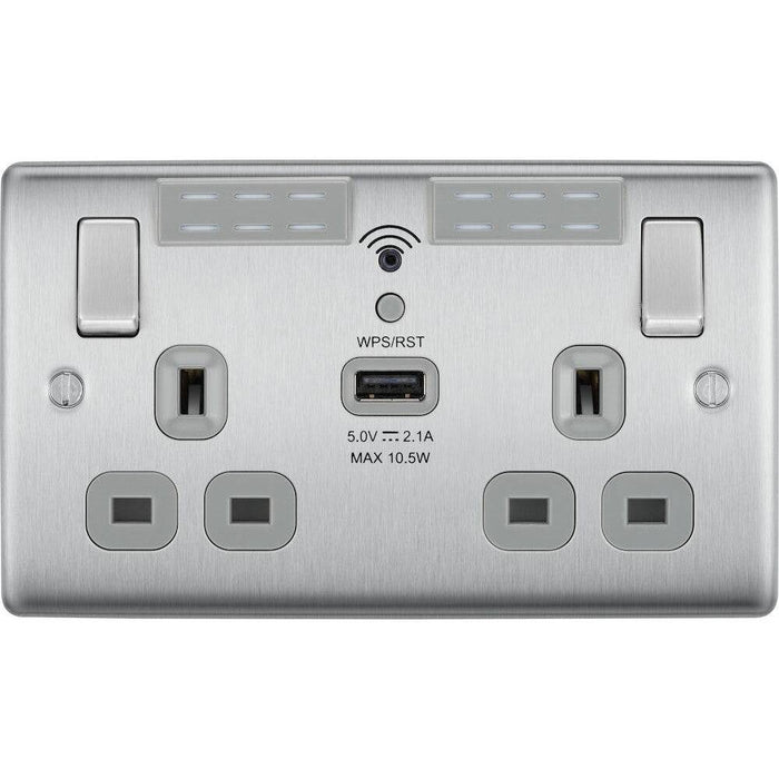 BG Nexus Metal Brushed Steel Wi-Fi Extender USB Socket NBS22UWRG Available from RS Electrical Supplies