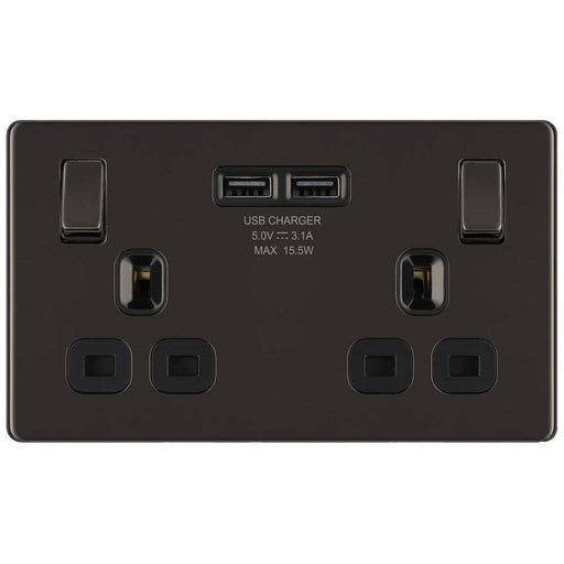 BG Nexus Screwless Black Nickel 13A Double USB Socket FBN22U3B Available from RS Electrical Supplies