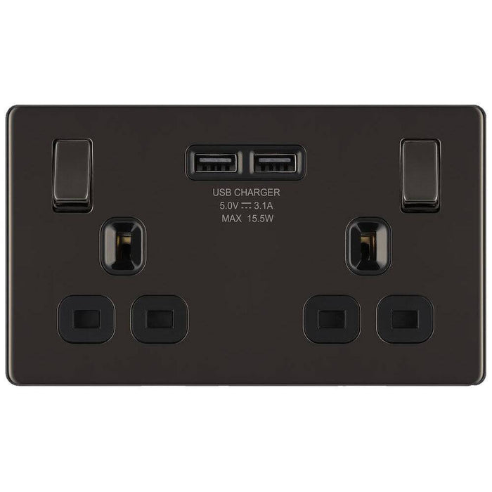 BG Nexus Screwless Black Nickel 13A Double USB Socket FBN22U3B Available from RS Electrical Supplies