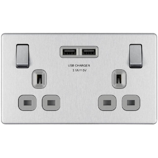 BG Nexus Screwless Brushed Steel 13A Double USB Socket FBS22U3G Available from RS Electrical Supplies