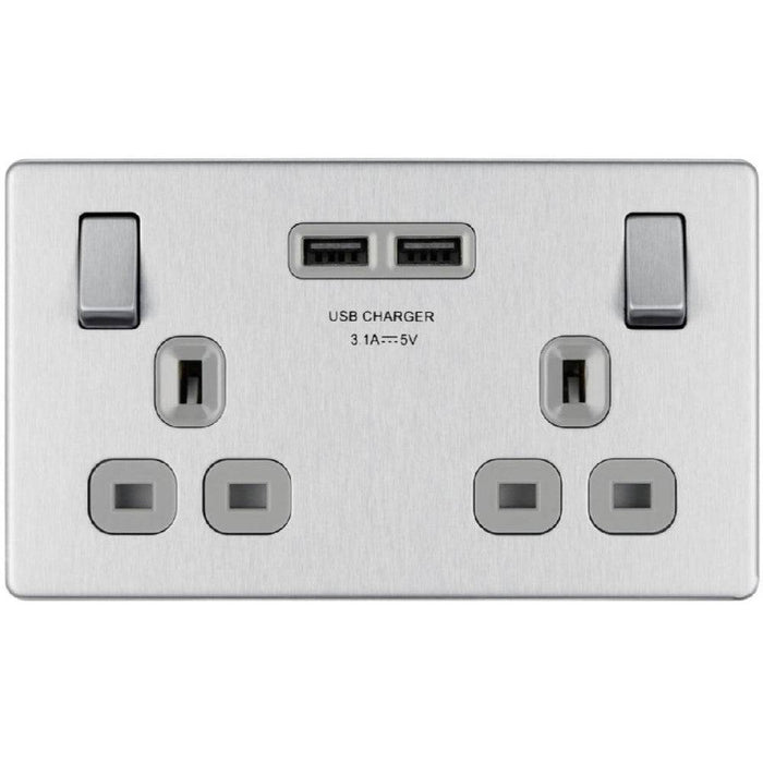 BG Nexus Screwless Brushed Steel 13A Double USB Socket FBS22U3G Available from RS Electrical Supplies