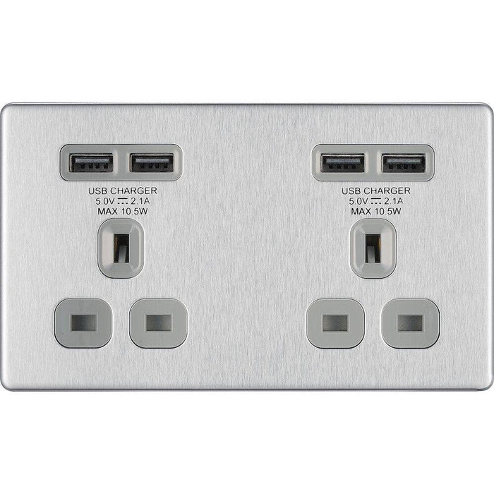 BG Nexus Screwless Brushed Steel 13A Double USB Socket FBS24U44G Available from RS Electrical Supplies
