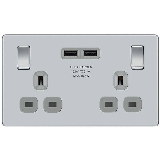 BG Nexus Screwless Polished Chrome 13A Double USB Socket FPC22U3G Available from RS Electrical Supplies