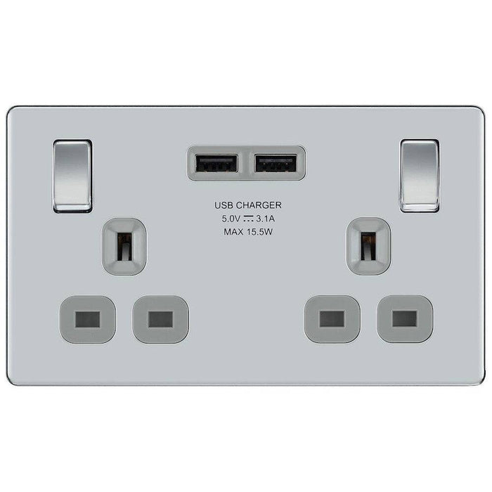 BG Nexus Screwless Polished Chrome 13A Double USB Socket FPC22U3G Available from RS Electrical Supplies