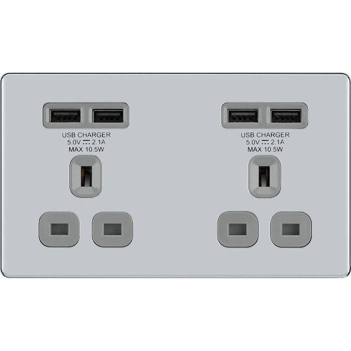 BG Nexus Screwless Polished Chrome 13A Double USB Socket FPC24U44G Available from RS Electrical Supplies