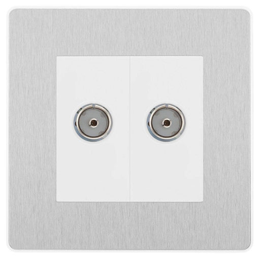 BG Evolve Brushed Steel Double Co-axial Socket PCDBS602W Available from RS Electrical Supplies