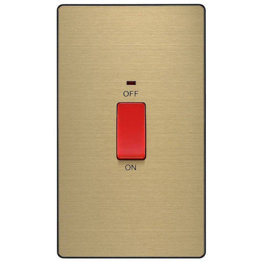 BG Evolve Satin Brass 45A double pole switch with LED PCDSB72B Available from RS Electrical Supplies
