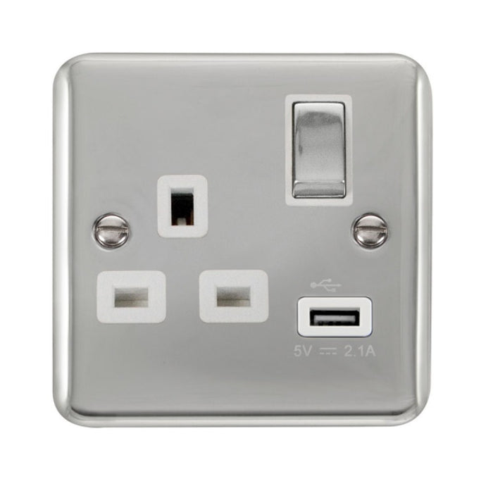 Click Deco Plus Polished Chrome 13A 1G Switched Socket & 2.1A USB Outlet DPCH571WH