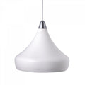 A modern pendant light with a matte white teardrop-shaped shade and a brushed silver metal collar, suspended by a thin white cord against a plain white background.