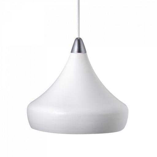 A modern pendant light with a matte white teardrop-shaped shade and a brushed silver metal collar, suspended by a thin white cord against a plain white background.