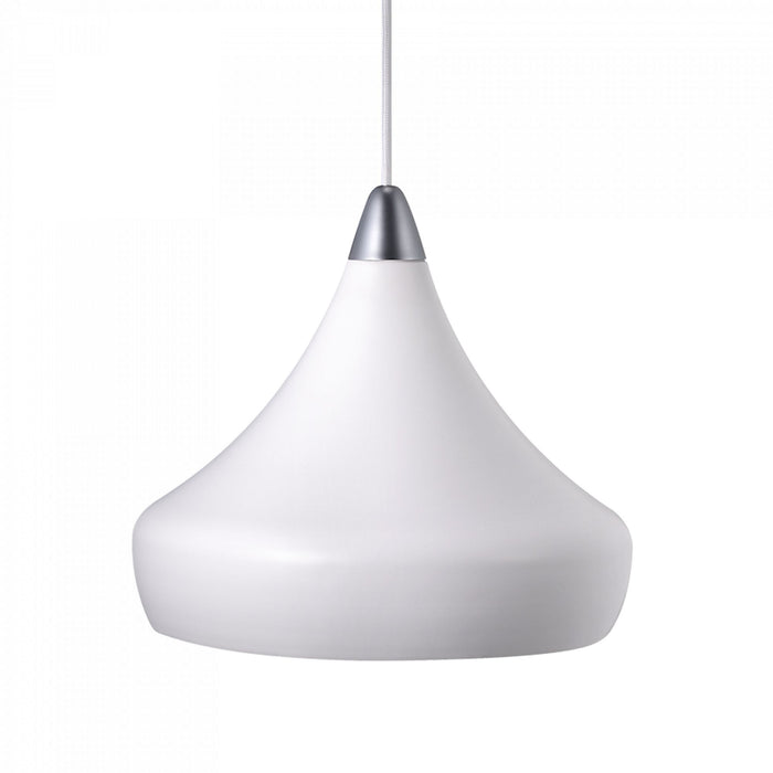 A modern pendant light with a matte white teardrop-shaped shade and a brushed silver metal collar, suspended by a thin white cord against a plain white background.