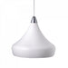 A modern pendant light with a matte white teardrop-shaped shade and a brushed silver metal collar, suspended by a thin white cord against a plain white background.