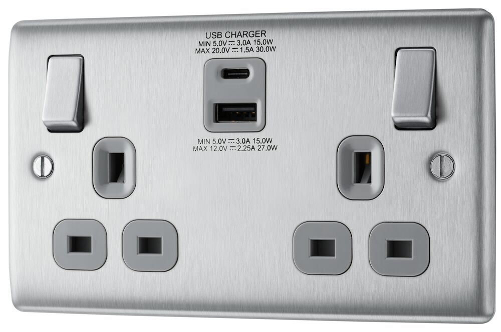 Metallic electrical socket with USB ports and switch on a white background side