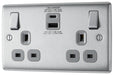 Metallic electrical socket with USB ports and switch on a white background side