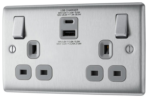 Metallic electrical socket with USB ports and switch on a white background side