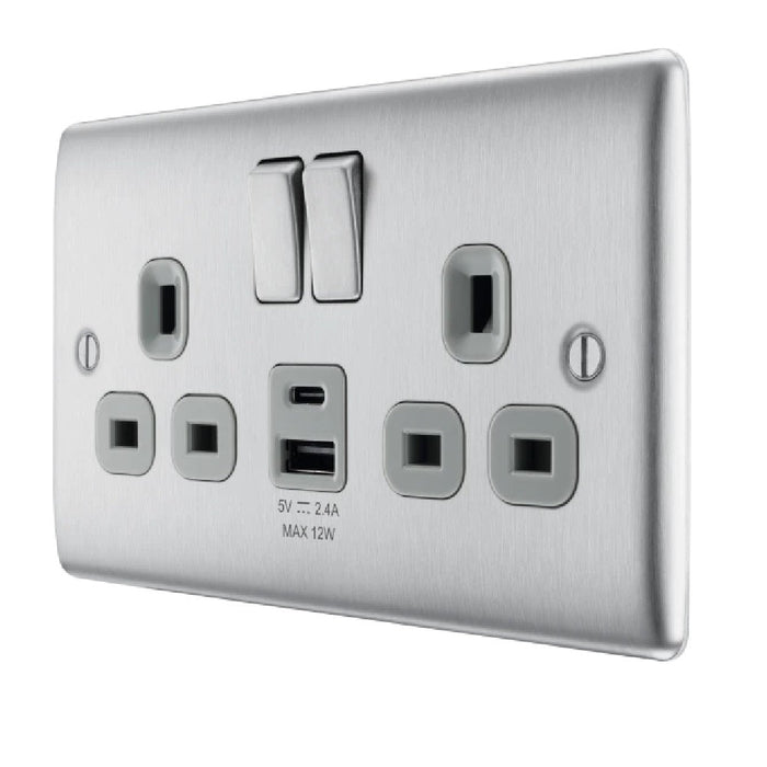 BG Nexus Metal Brushed Steel 13A Double USB Socket with 12W A+C Ports NBS22UAC12G additional product image 2