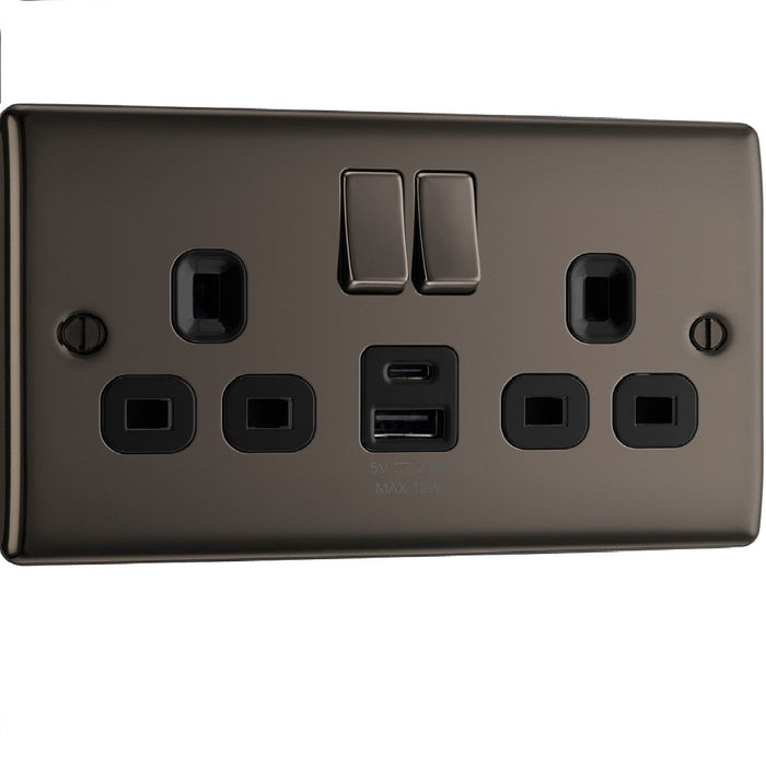 BG Nexus Metal Black Nickel 13A Double USB Socket with 12W A+C Ports left side NBN22UAC12B Available from RS Electrical Supplies