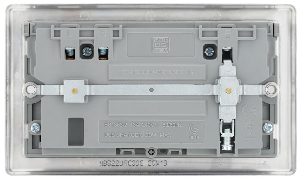 Metallic electrical socket with USB ports and switch on a white background back