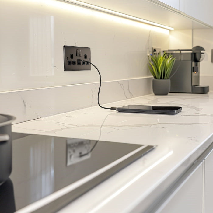 BG Nexus Metal Black Nickel 13A Double USB Socket with 12W A+C Ports NBN22UAC12B Kitchen interior Available from RS Electrical Supplies