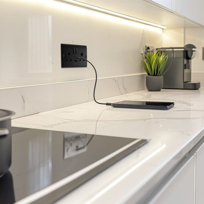 BG Nexus Metal Matt Black Double A & C USB Socket 12W NFB22UAC12B kitchen interior
